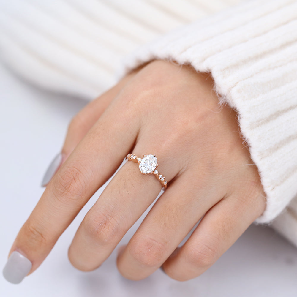 1.33 CT Oval Milgrain Pave Lab-Grown Diamond Engagement Ring