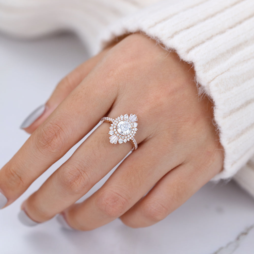 0.88 CT Round Cluster & Pave Moissanite Engagement Ring