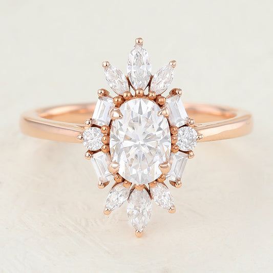 0.84 CT Oval Cluster Moissanite Engagement Ring