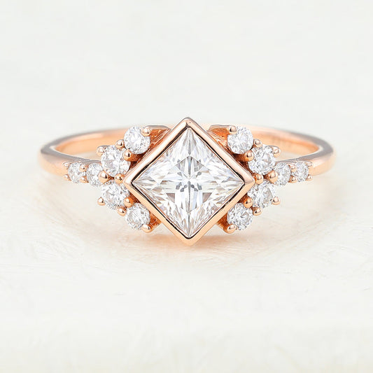 0.64 CT Princess Bezel & Cluster Lab-Grown Diamond Engagement Ring