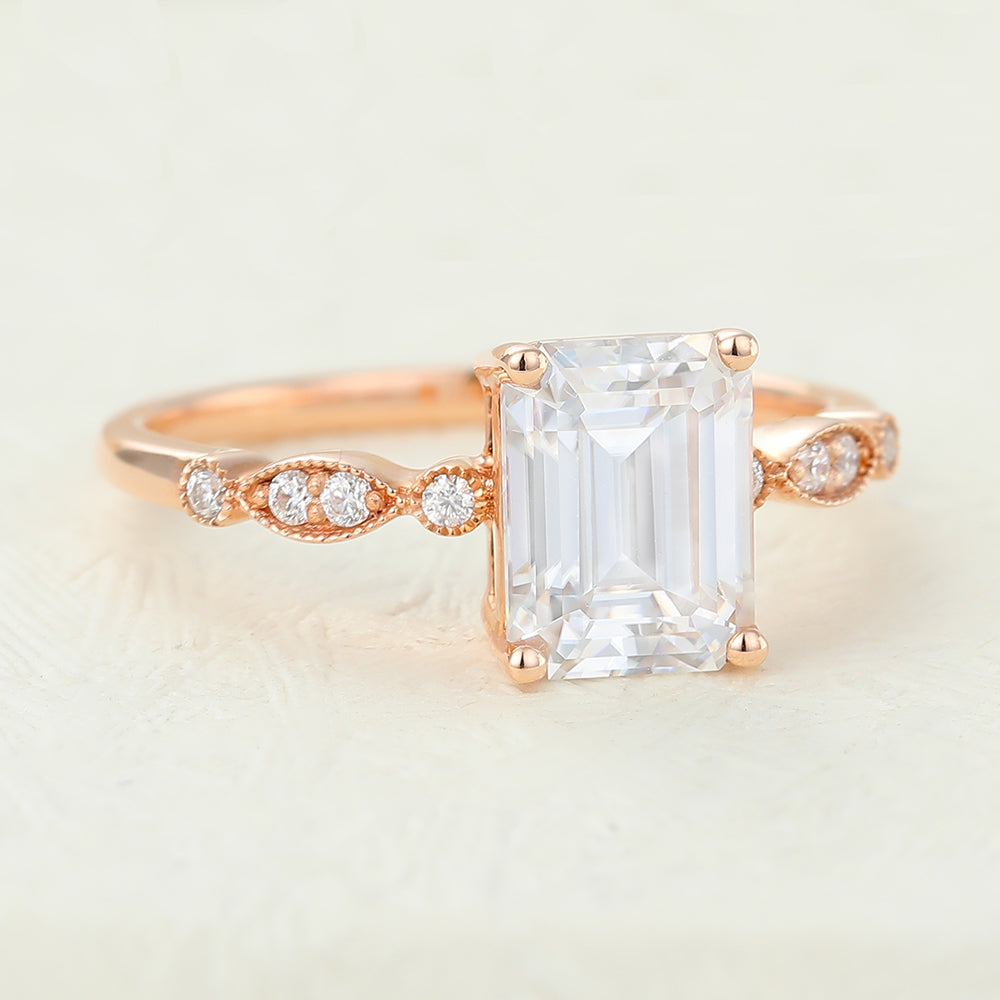 1.6 CT Emerald Milgrain Pave Moissanite Engagement Ring