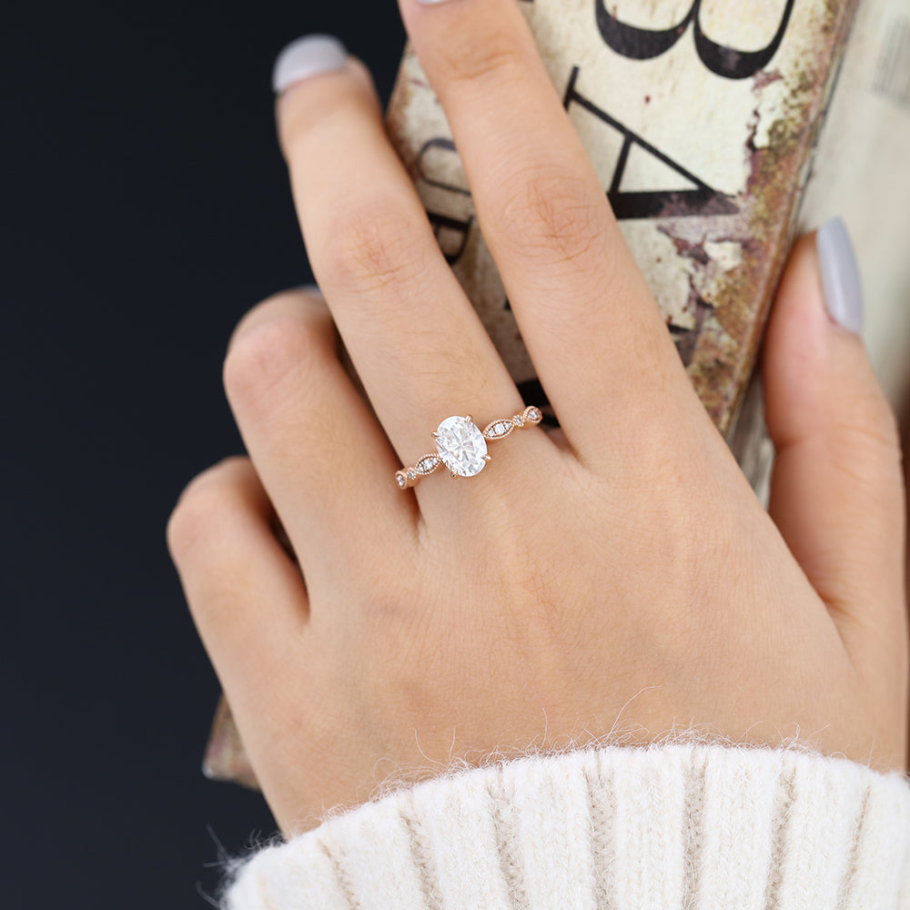 1.33 CT Oval Milgrain Pave Lab-Grown Diamond Engagement Ring