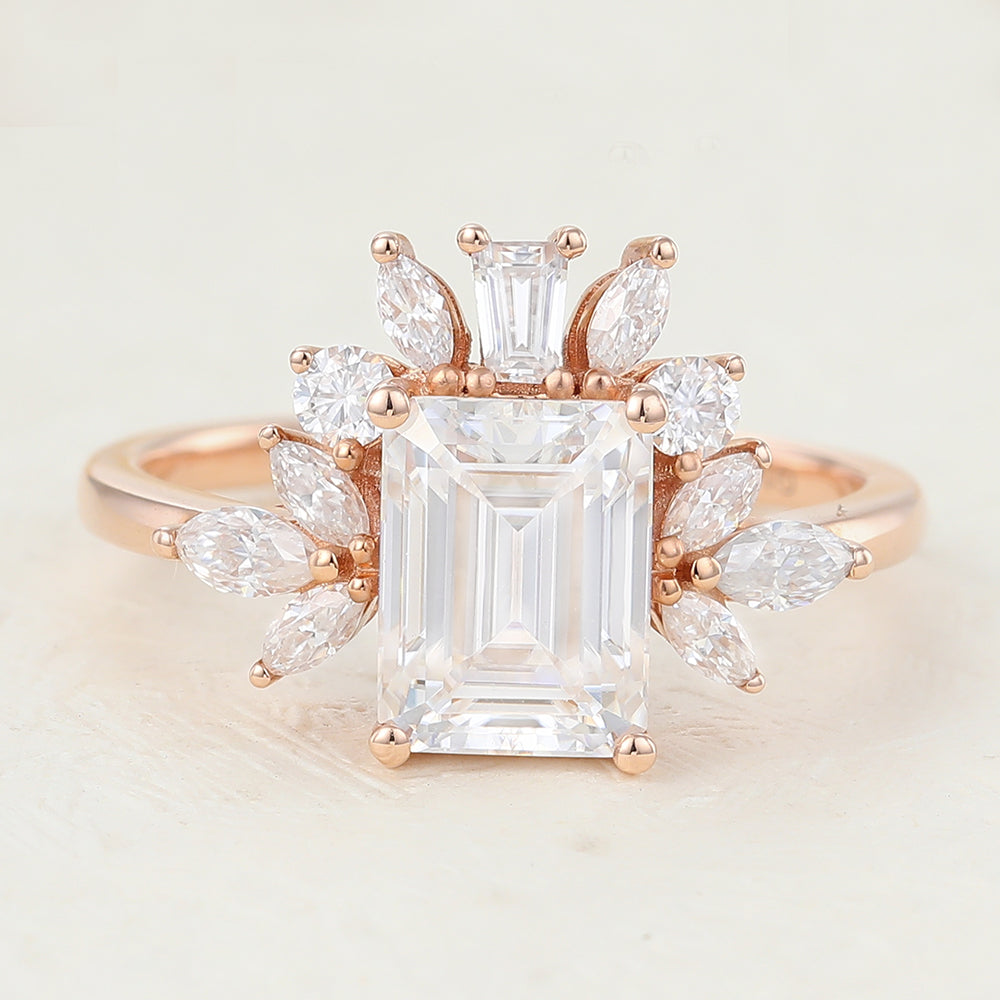 1.6 CT Emerald Cluster Moissanite Engagement Ring