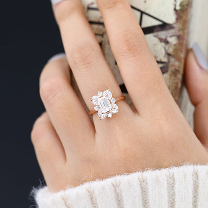 0.92 CT Emerald Cluster Lab-Grown Diamond Engagement Ring