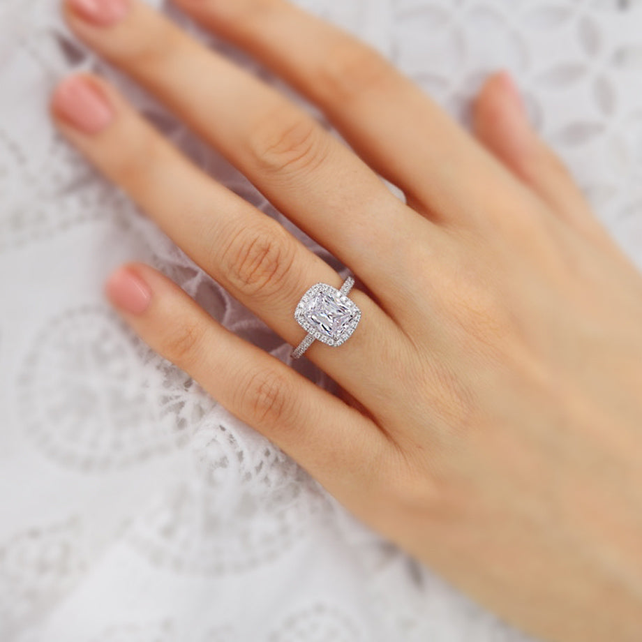 2.3 CT Elongted Cushion Halo & Pave Lab Grown Diamond Engagement Ring