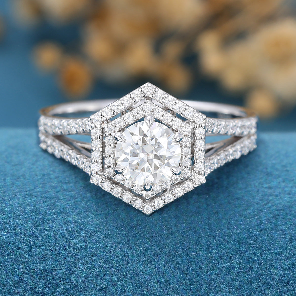 0.68 CT Round Double Halo Pave & Spilt Shank Lab Grown Diamond Engagement Ring