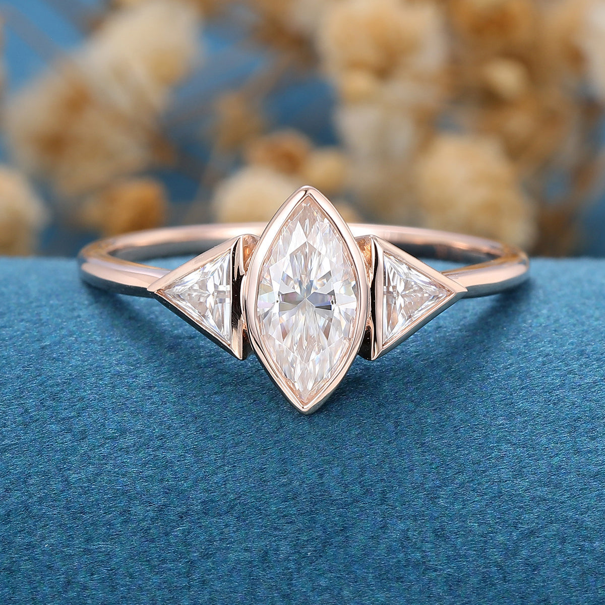 0.9 CT Marquise Bezel & Three Stone Lab Grown Diamond Engagement Ring