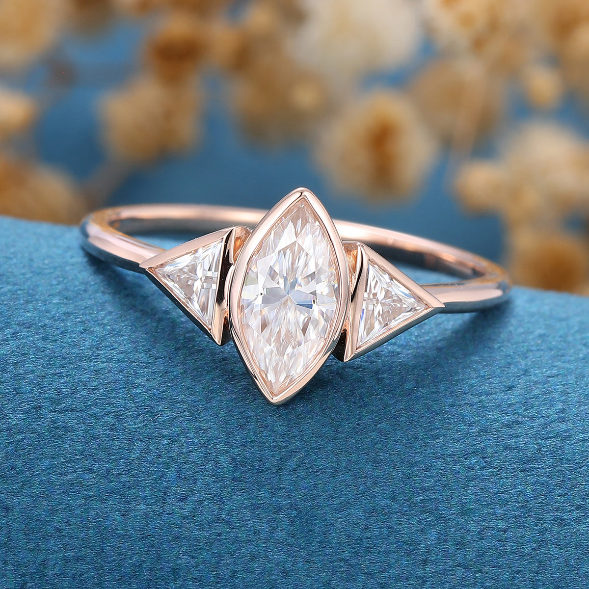 0.9 CT Marquise Bezel & Three Stone Lab Grown Diamond Engagement Ring