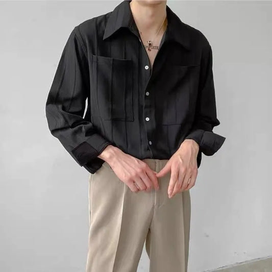 Abstinence Style Pleated Long Sleeved Shirt Men Lapel Button Pocket Danglingdesign Feelingruffled Handsome Temperament Solid Top