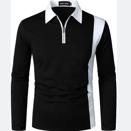 Business Casual Men Polo Shirts Autumn New Lapel Half Zipper Contrast Color Streetwear Fashion Office Social Long Sleeve Tops