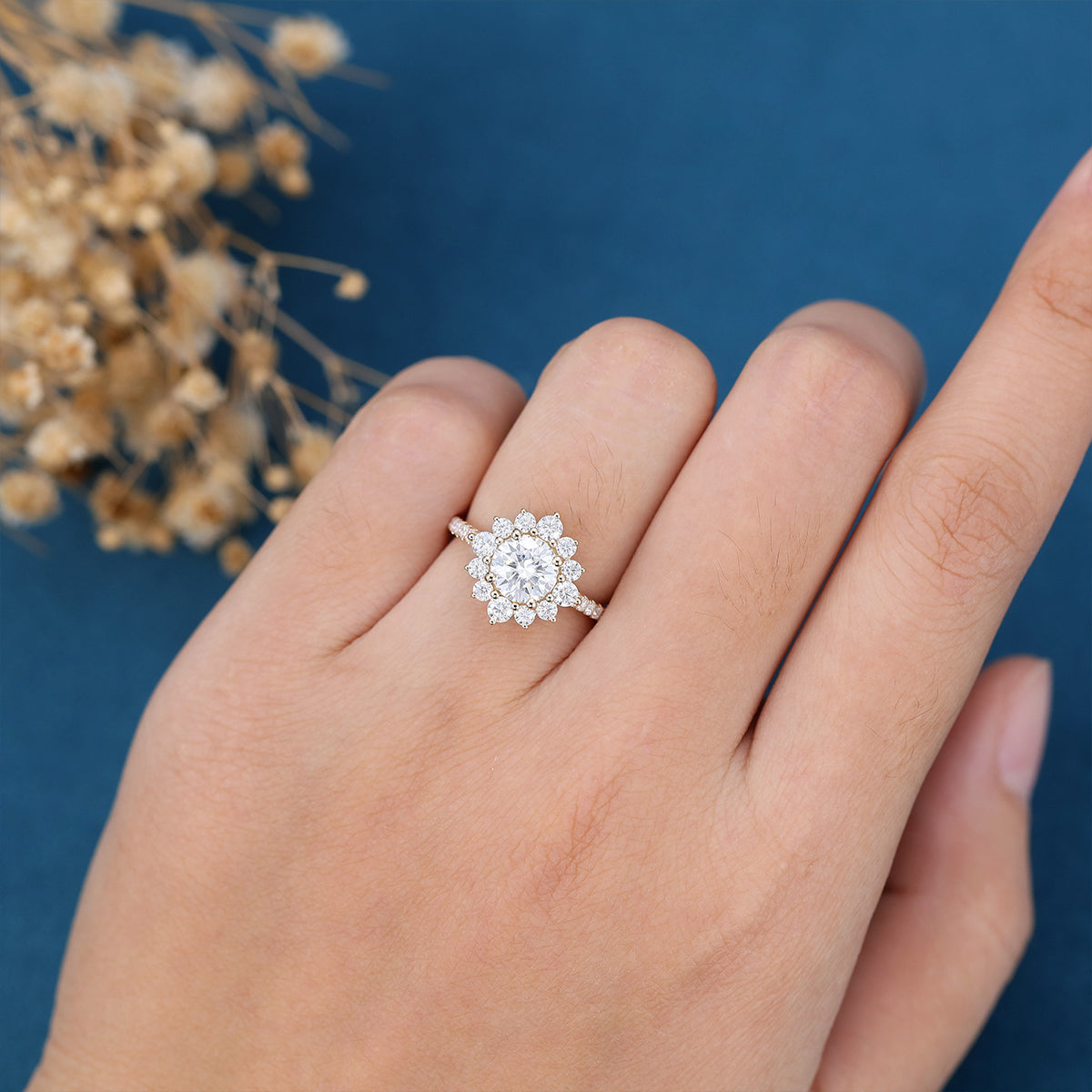 0.88 CT Round Halo & Pave Lab Grown Diamond Engagement Ring
