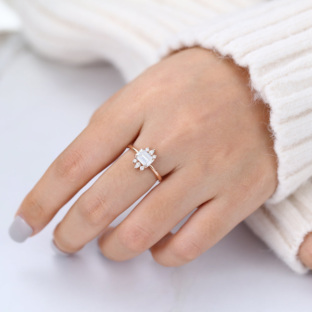 0.92 CT Emerald Cluster Moissanite Engagement Ring